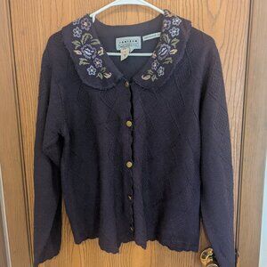 VTG Jantzen Classics Hand Embroidered Floral Cardigan Cottage Core Purple-Small